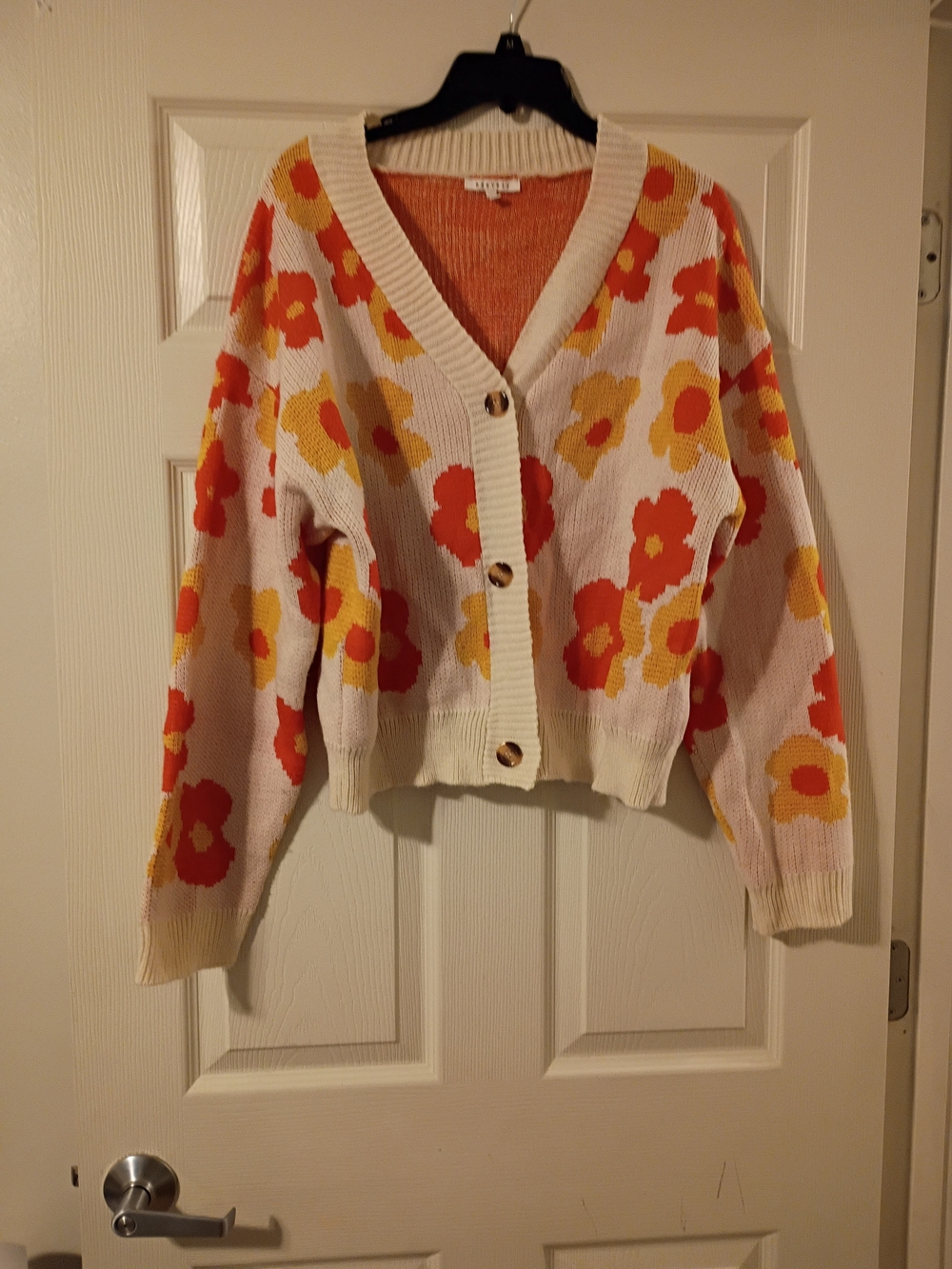 Floral V-Neck Button Cardigan Sweater - Cream with Orange & Yellow Flowers